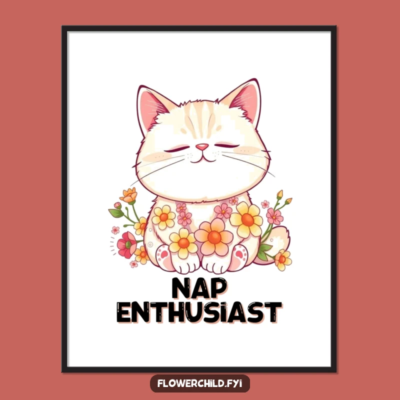 Funny Cat Flower Nap Poster: Contented Floral Friend Art, Serene Funny Gift Decor