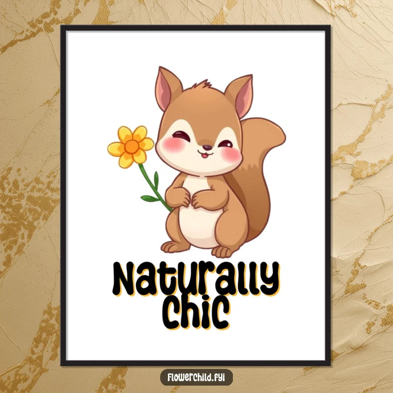 Funny art poster of a curious squirrel with a single flower tucked behind its ear, creating a cute and whimsical wall decoration.