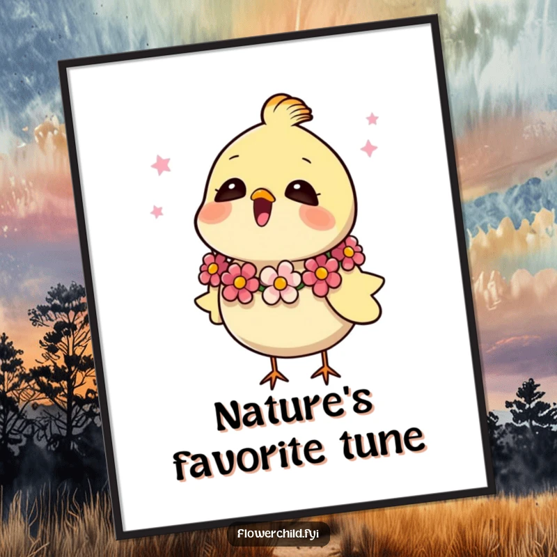 Funny poster print of a happy bird with a beautiful flower garland, singing joyfully, ideal for wall decor.