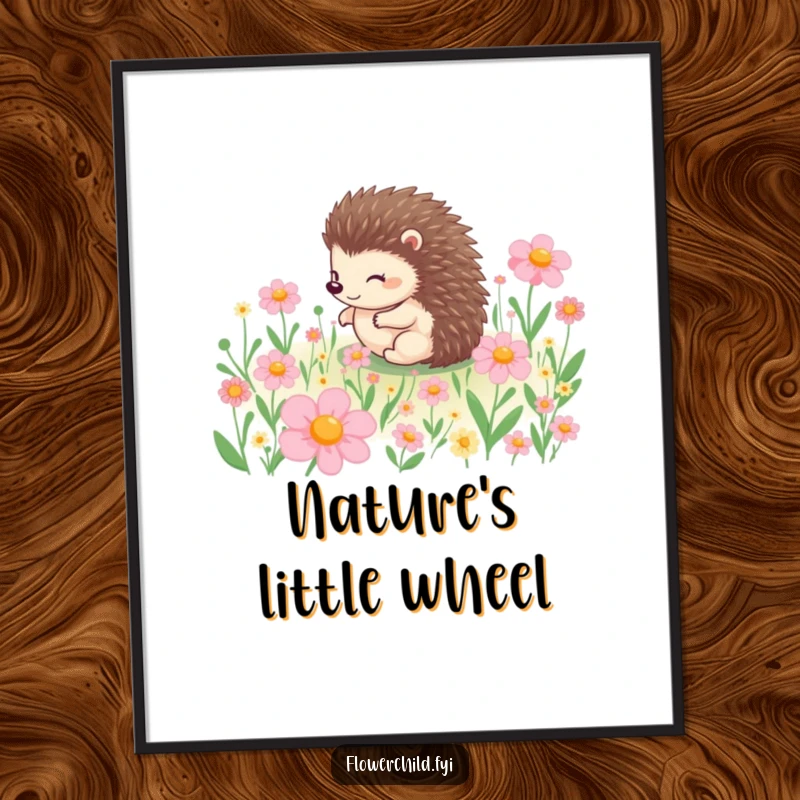 Funny poster print of a cute hedgehog character rolling happily through a field of colorful flowers, bringing a sense of playful nature.