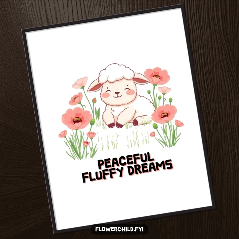Funny sheep poppy poster, a content sheep resting peacefully in a field of vibrant poppies, adding serene humor to decor.
