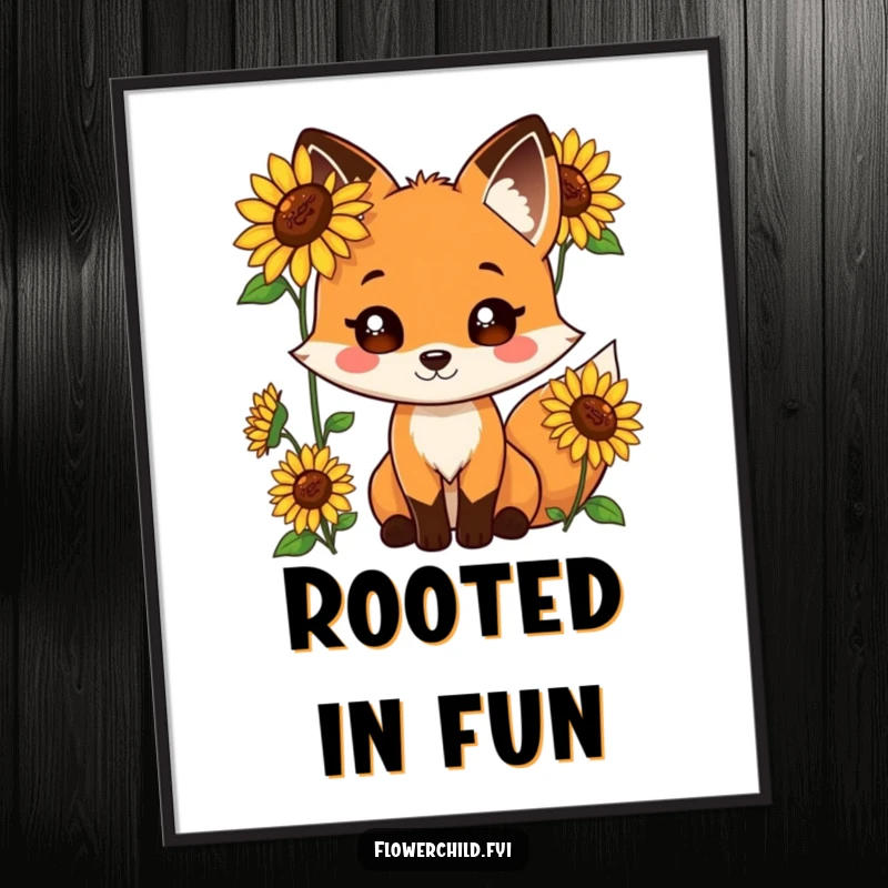Funny poster print of a playful fox with bright sunflowers growing out of its fur.