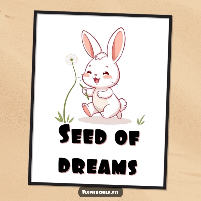 Funny bunny poster illustrating a playful bunny leaping enthusiastically after a floating dandelion seed against a whimsical backdrop.