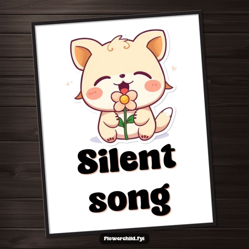 Funny singing animal with a flower in its mouth, eyes closed, presented as a humorous art poster for wall decoration.