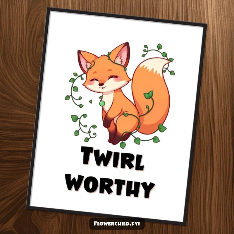 Funny fox poster, a playful fox twirling with vines entwined around its tail, representing nature's playful spirit.