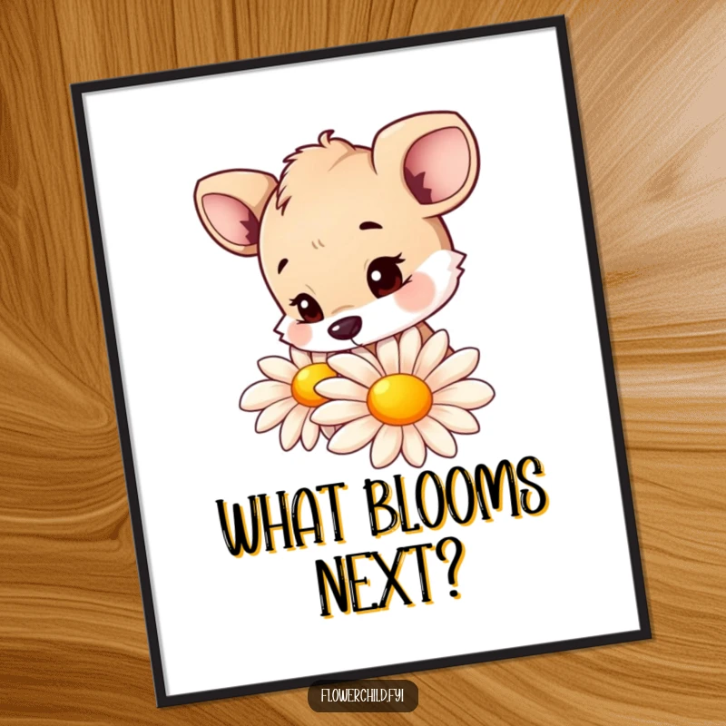Funny poster of a curious animal character exploring a large, colorful daisy, capturing a moment of gentle discovery.