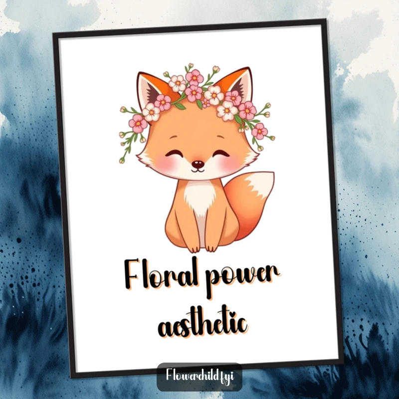 Funny poster of a whimsical fox wearing a blossom wreath, capturing a serene and enchanting nature scene. Great wall art.