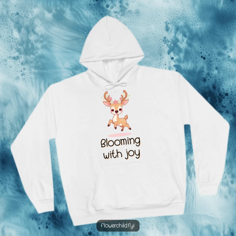 Funny deer flower hoodie depicting a deer with flowers on its antlers, prancing playfully, creating a heartwarming and humorous image.
