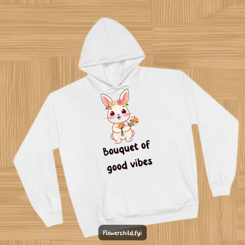 Funny hoodie featuring a happy rabbit wearing a flower crown and holding a charming bouquet of flowers.