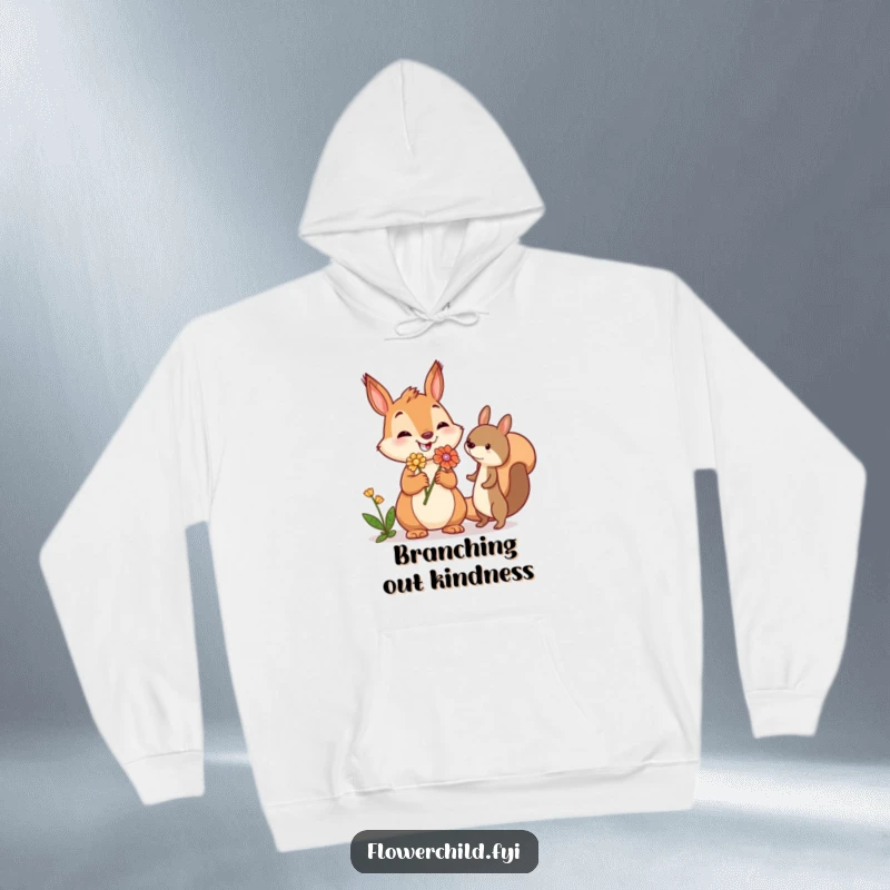 Funny squirrel hoodie featuring a jovial squirrel offering a flower to another creature, providing warmth and a symbol of woodland friendship.
