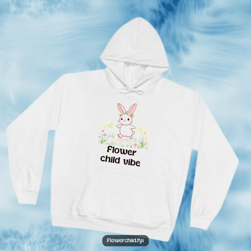 Funny bunny meadow hoodie, a cute bunny wearing a flower crown skipping through a sunny field.