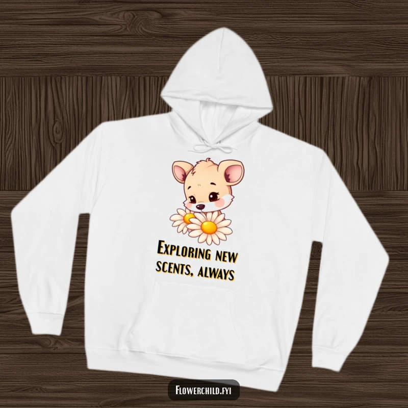 Funny hoodie featuring a curious animal character intently sniffing a large, colorful daisy, embodying gentle exploration.