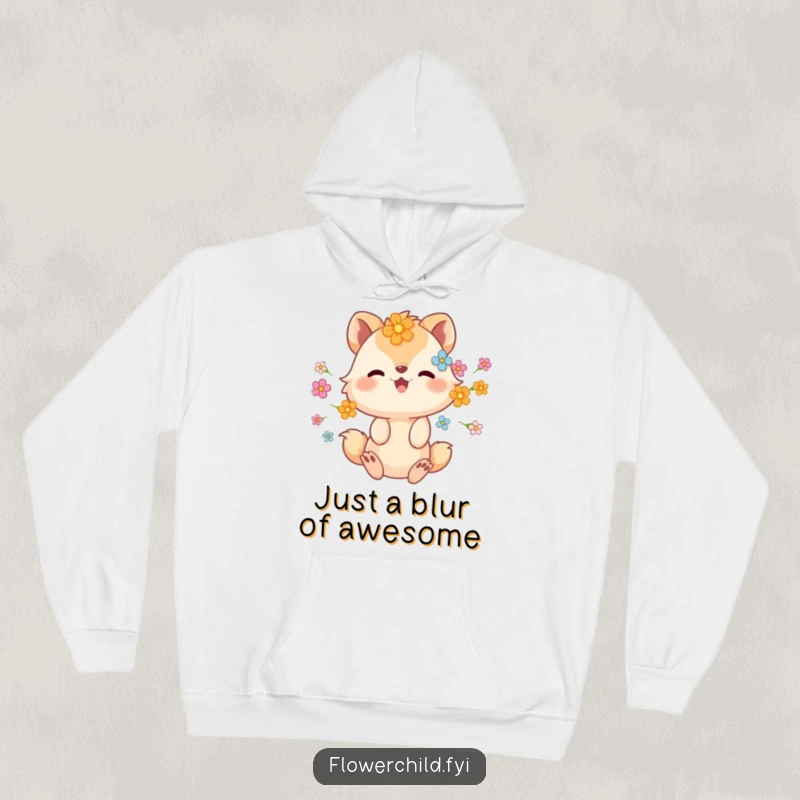 Funny hoodie featuring an animal character with flowers in its fur, caught in a joyful, gleeful spin.