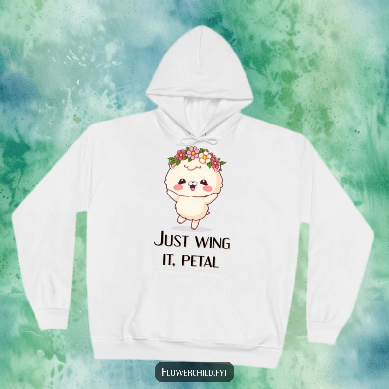 Funny hoodie with a fluffy animal sporting a flower crown, captured mid-dance with pure, unadulterated joy.