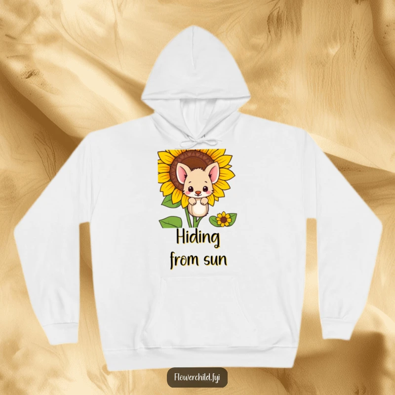 Funny shy animal hiding behind a large sunflower, depicted on a warm hoodie for cozy, private wear.