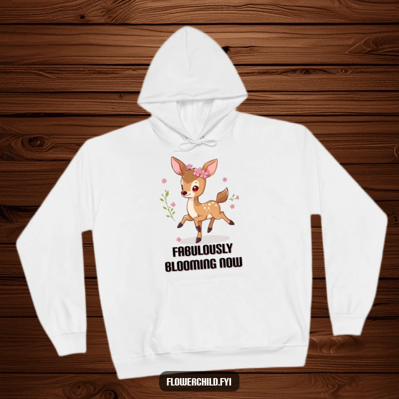 Funny prancing deer hoodie, a cute, small deer with flowers in its fur, happily prancing, offering cozy, whimsical comfort.