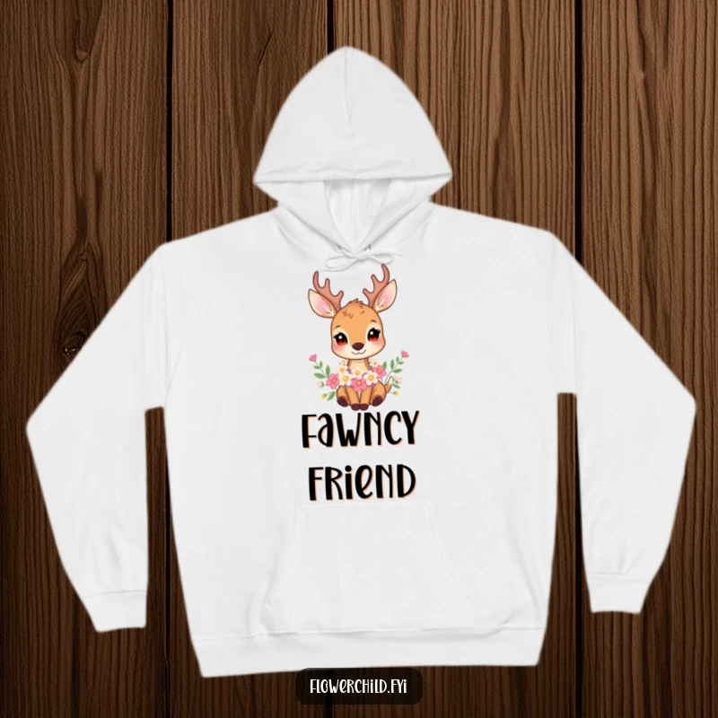 Funny cozy hoodie showcasing a gentle deer with a beautiful flower garland around its neck, offering serene woodland vibes.