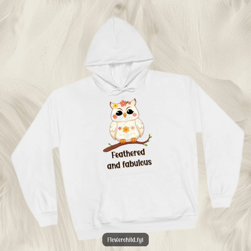 Funny, cozy hoodie of a contented owl with flowers in its feathers resting on a branch, evoking peace and nature.