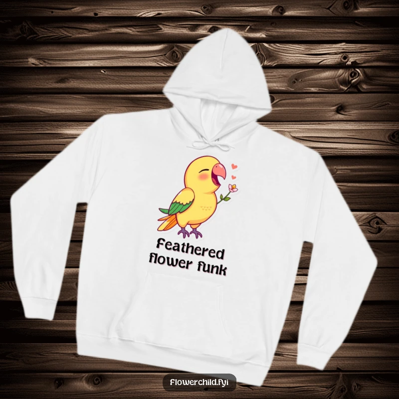 Funny parrot hoodie featuring a vibrant parrot singing sweetly with a tiny flower in its beak.