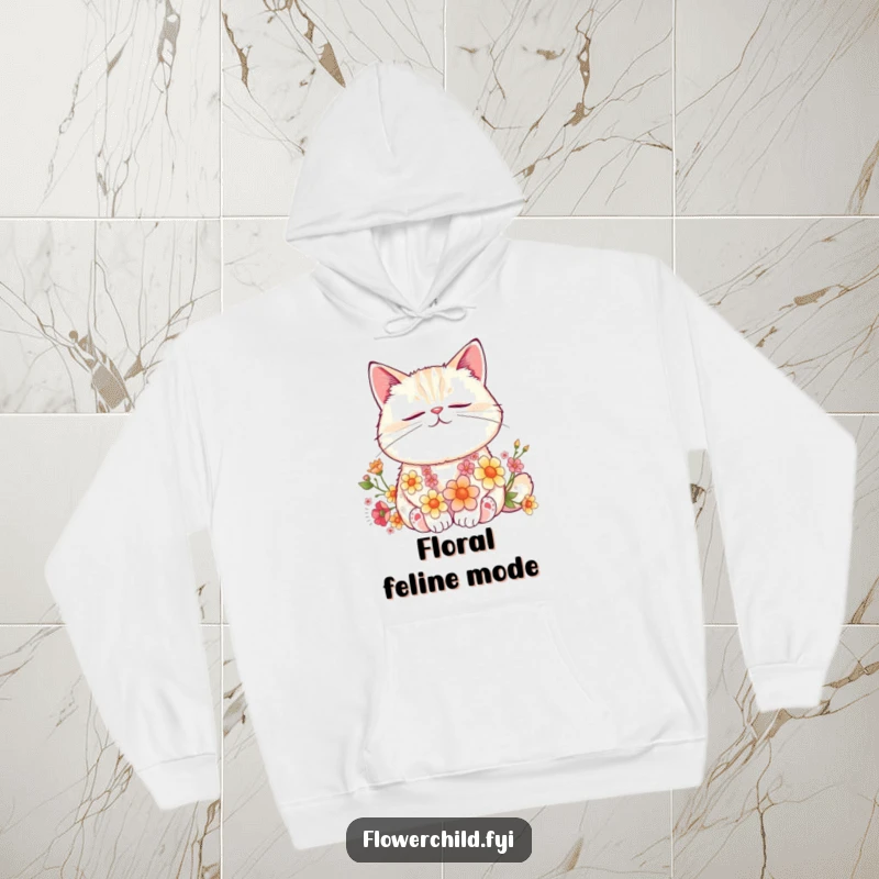 Funny Cat Flower Nap Hoodie: A contented cat peacefully naps, its fur delicately adorned with woven flowers, radiating calm and coziness.