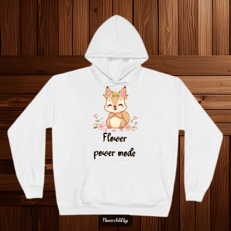 Funny Hoodie depicting a cute squirrel adorned with a flower crown, engaged in the joyful act of gathering flower petals.