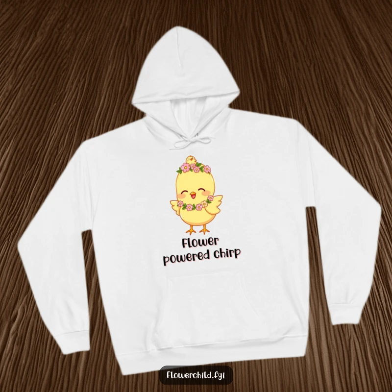 Funny Hoodie depicting a happy chick adorned with a tiny flower garland, chirping enthusiastically, radiating pure joy.