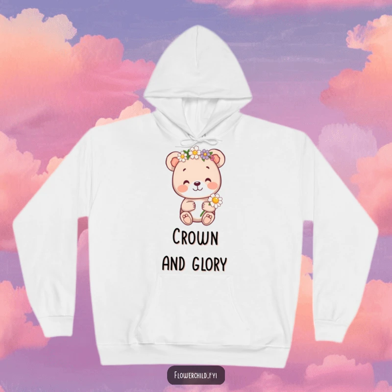 Funny bear cub hoodie, a cheerful bear cub wearing a flower crown and holding a daisy, offering cozy comfort and woodland vibes.