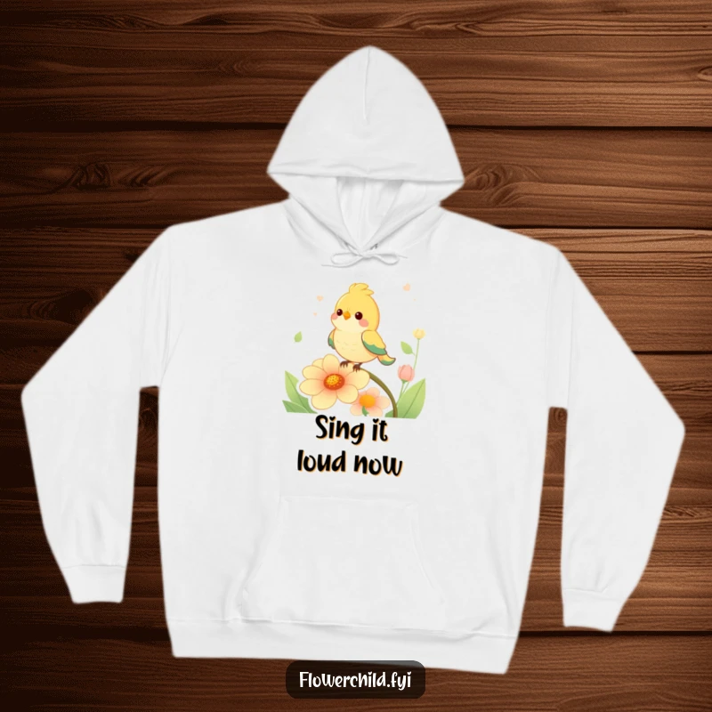 Funny, happy bird perched on a singing flower, cozying up in this warm and humorous hoodie.