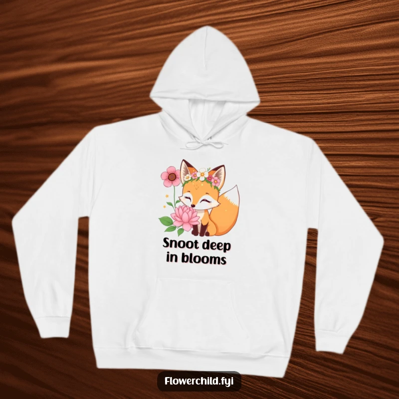 Funny curious fox character wearing a flower crown and sniffing a giant bloom, a warm and snuggly hoodie.