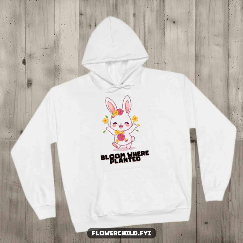 Funny Bunny Hoodie: A joyful bunny with a floral crown dances happily, offering cozy comfort and radiating pure, whimsical joy.