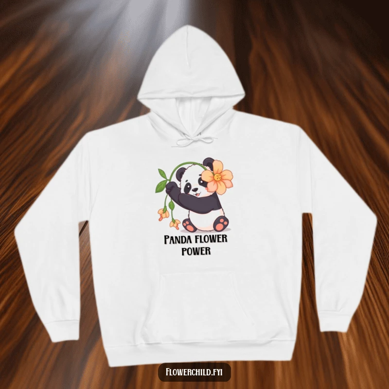 Funny panda hoodie showing a cuddly panda playfully interacting with a large, dangling flower, looking adorable.