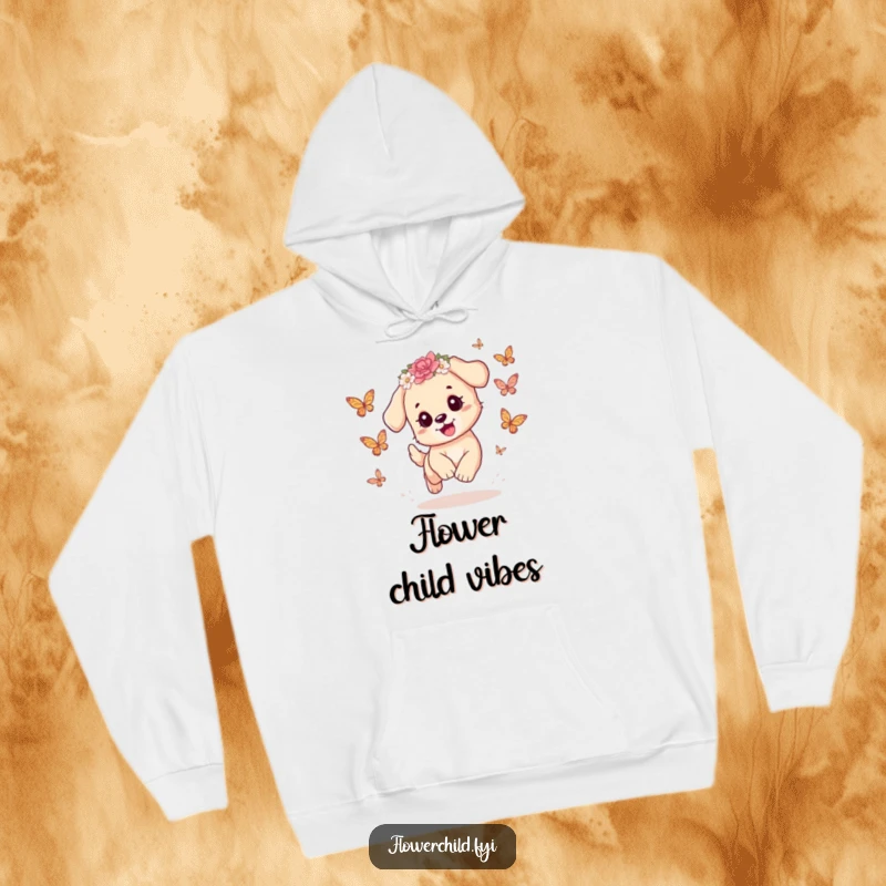 Funny Puppy Hoodie: A playful puppy with a flower crown chases butterflies, offering cozy comfort and an overload of adorable charm.
