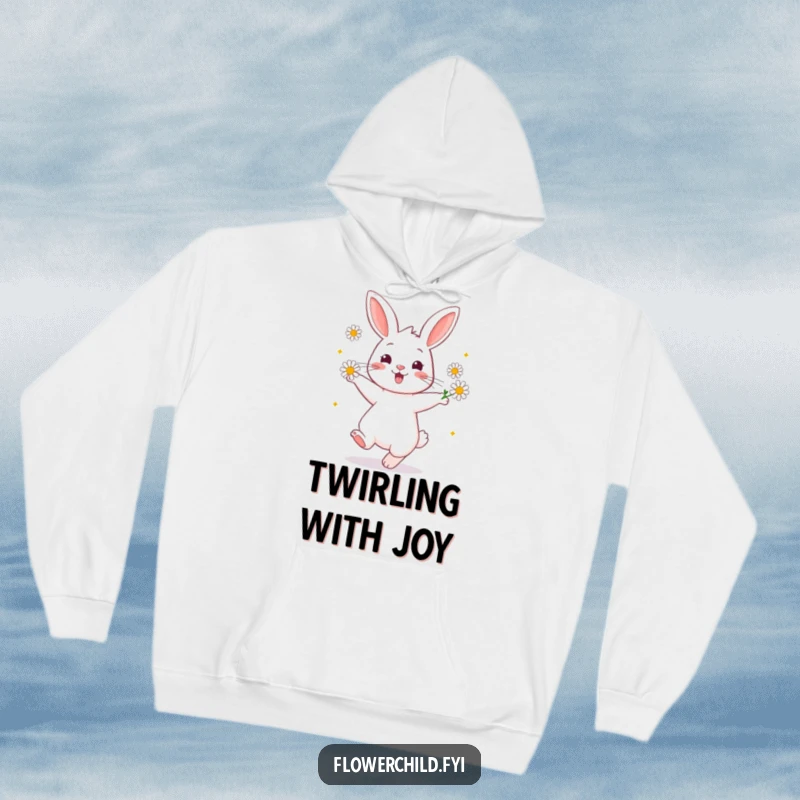 Funny Hoodie with a cheerful rabbit twirling exuberantly, daisies gracefully adorning its ears, emanating pure joy.