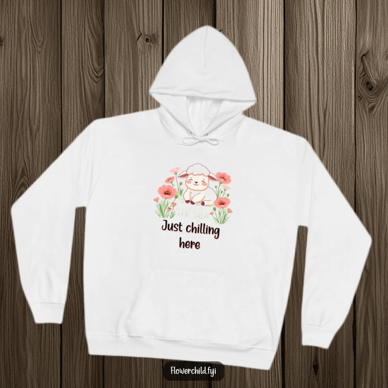 Funny sheep poppy hoodie, a content sheep resting peacefully in a field of vibrant poppies, perfect for cozy, relaxing moments.