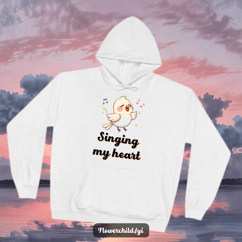 Funny Singing Bird Flower Wings Hoodie: A happy bird with small flowers on its wings sings joyfully, offering comfort and cheer.