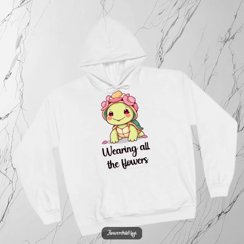 Funny smiling turtle character wearing a shell decorated with colorful petals, perfect for a cozy, humorous hoodie.