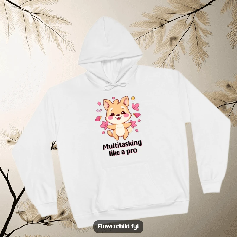 Funny hoodie featuring a playful animal character smiling while juggling a lively assortment of vibrant petals.