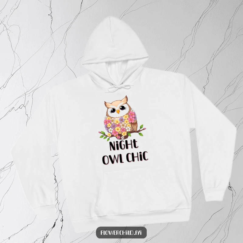 Funny hooded sweatshirt featuring a contented owl with a flower feather boa, resting on a branch.