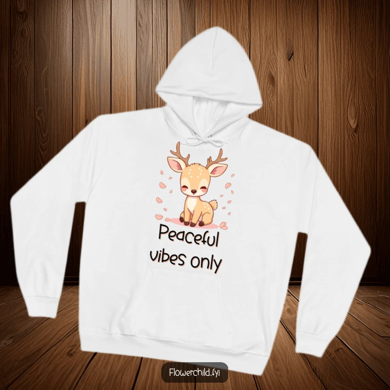 Funny hoodie with a serene deer character calmly watching petals fall, creating a peaceful and cozy vibe.