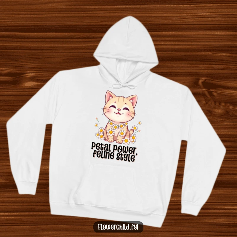 Funny Cat Daisy Chain Hoodie: A soft hoodie adorned with a smiling cat wearing a garland of daisies.