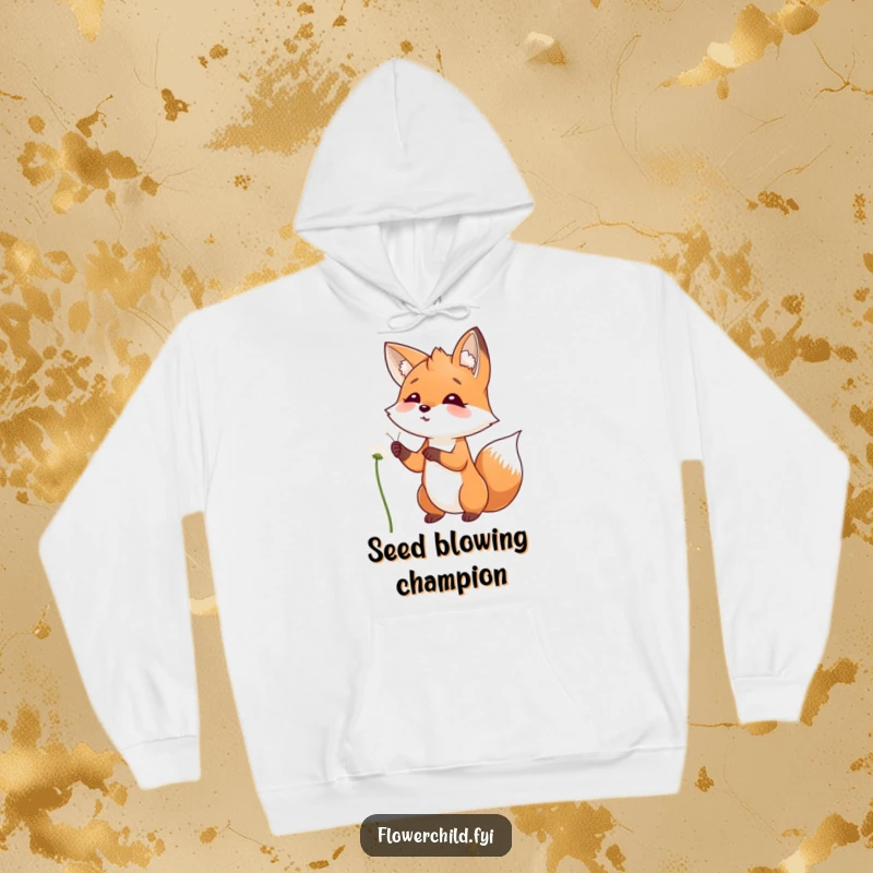 Funny Hoodie depicting a playful fox smiling as it blows dandelion seeds into the wind, full of hopeful wishes.