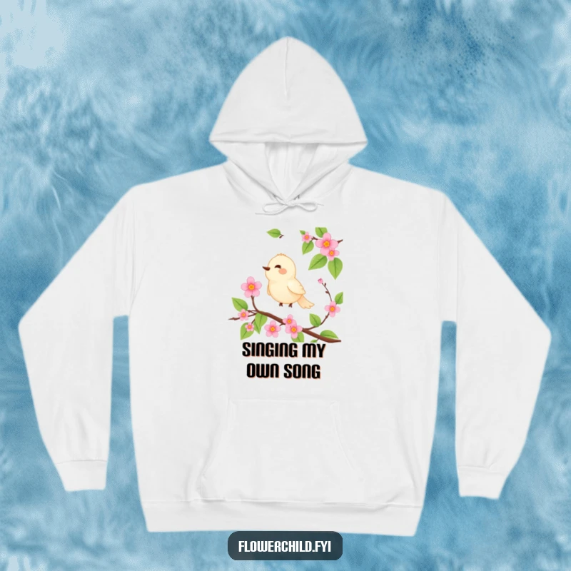 Funny hoodie featuring a serene bird perched on a blooming vine, singing joyfully.