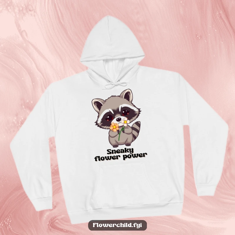 Funny raccoon flower hoodie depicting a raccoon peeking with a flower on its mask, creating a heartwarming and humorous image.