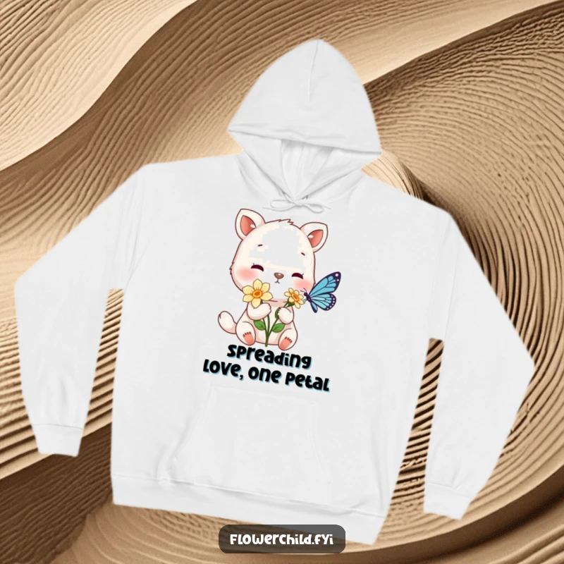 Funny hoodie featuring a gentle animal character extending a flower as a sweet offering to a tiny butterfly.