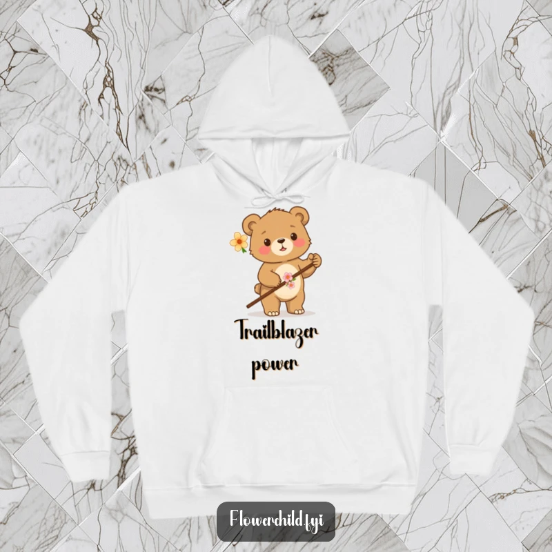 Funny hoodie showcasing a proud bear cub with a flower-adorned walking stick, perfect for cozying up after an adventure.