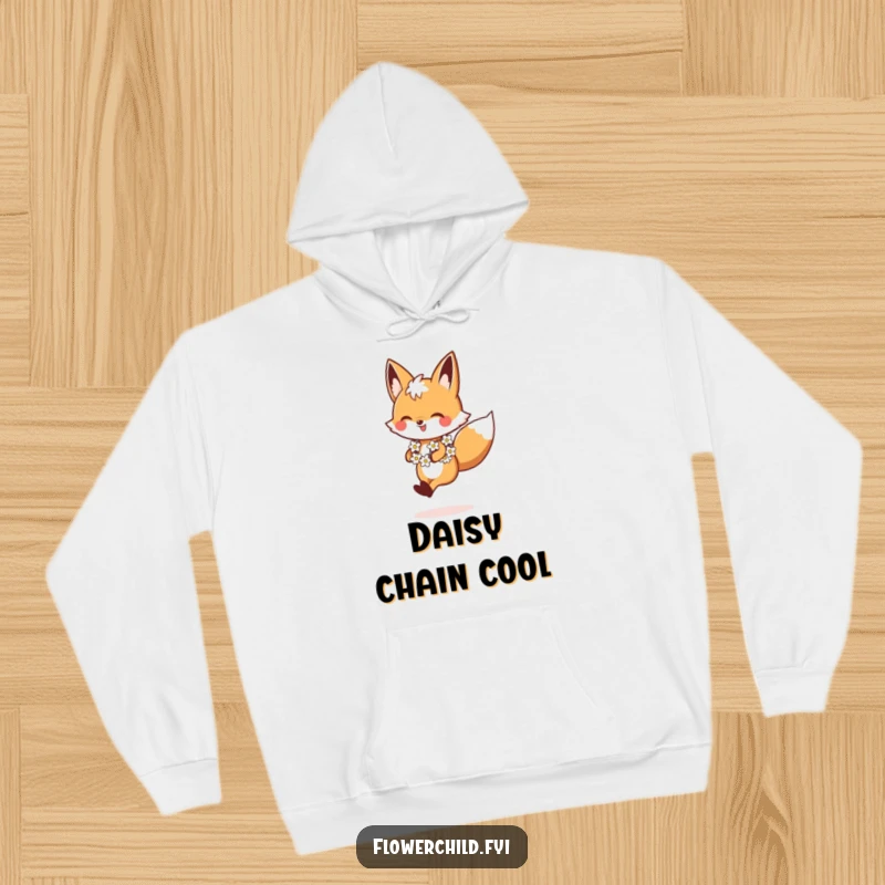 Funny Fox Hoodie, showing a skipping fox with a daisy chain, offering warmth and cheer, a fantastic funny gift for all ages.