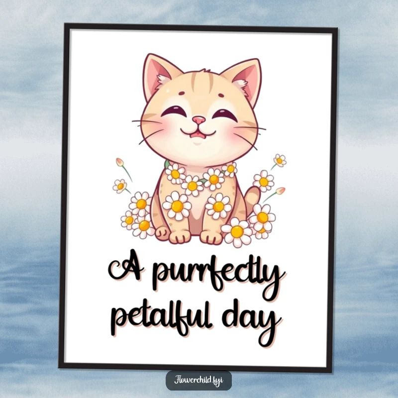 Funny Free Printable Wall Art: A contented smiling cat wearing a flower crown made of daisies, surrounded by soft petals.