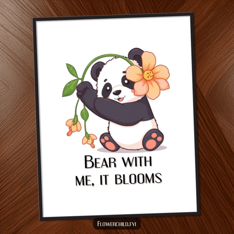 Funny Free Printable Wall Art: Cuddly Panda Playfully Batting at a Large Flower