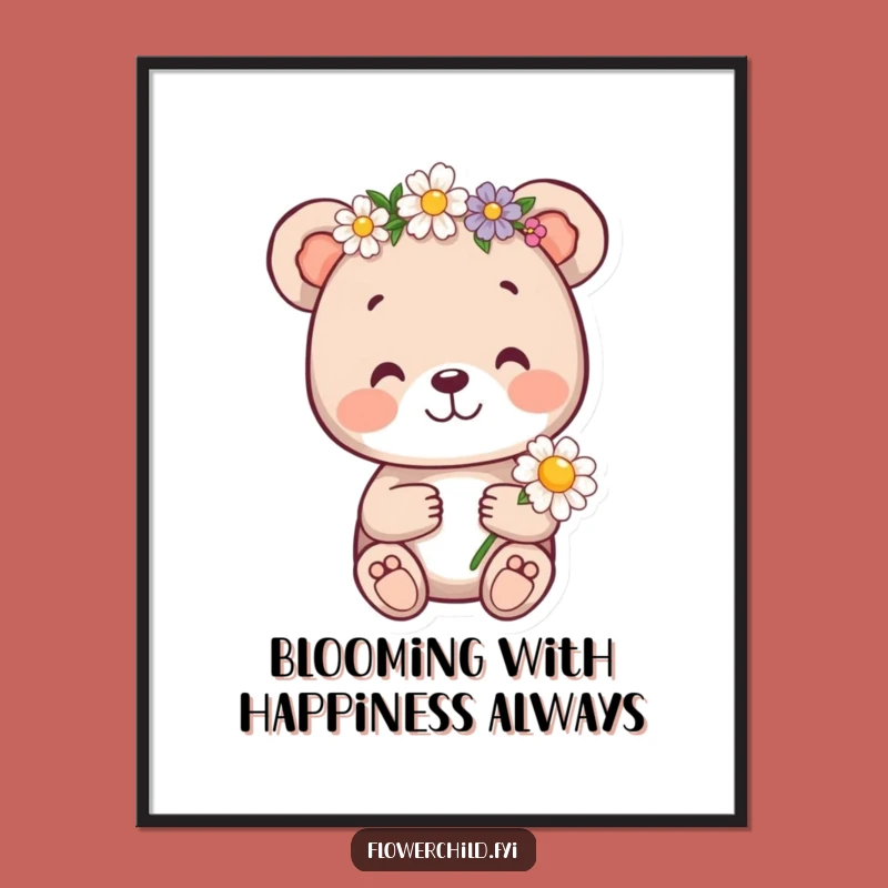 Free Printable Wall Art: Bear Cub Flower Crown - Funny Downloadable Art for Room Decor