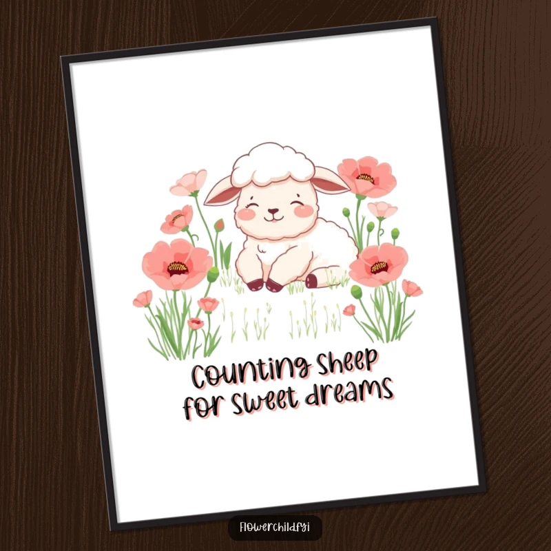 Free Printable Wall Art of a content sheep resting peacefully in a vibrant field of blooming poppies.